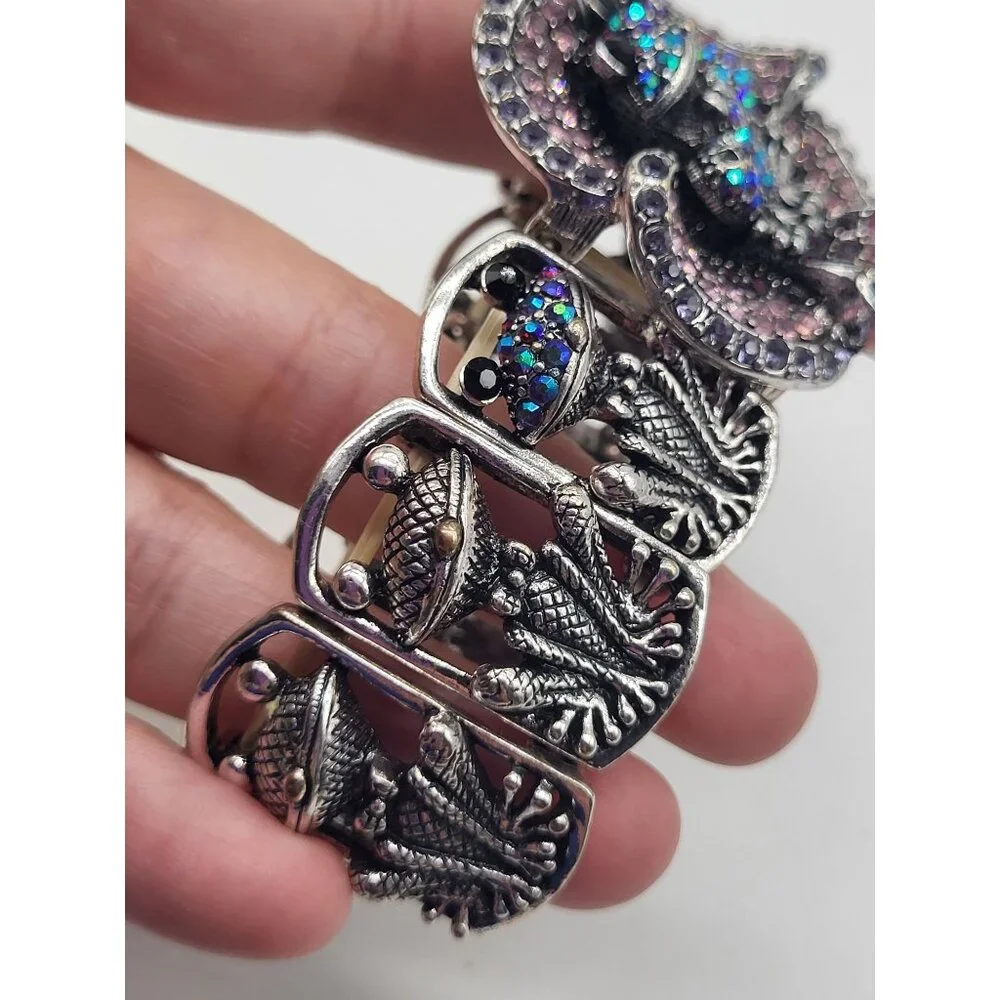 YUHONG Rhinestone Stretch Silver Tone Bracelet FROG Whimsical Bling Fairy Flower - Picture 7 of 12